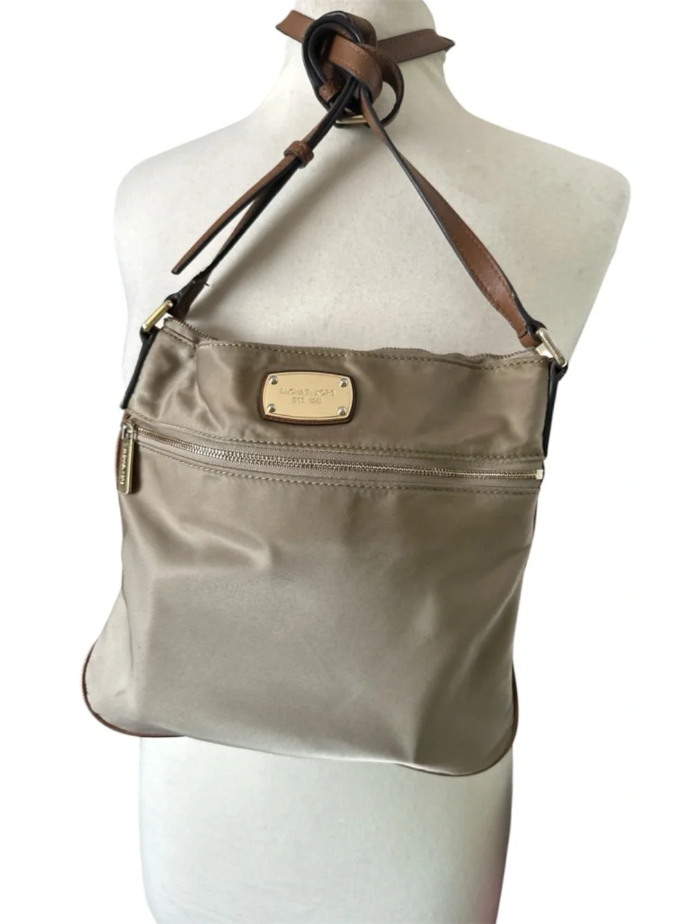 Michael Kors Taupe Nylon Messenger with Brown Leather Strap and Gold Hardware